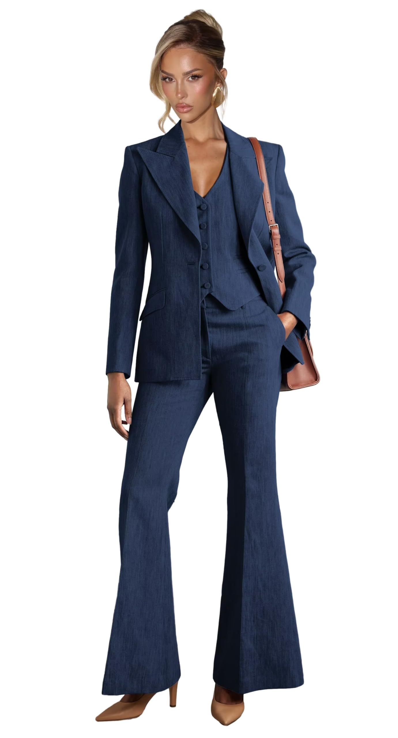 Denim Suits for Women 3 Piece Set V Neck Blazer 1 Button Top Womens Suit Casual Wide Leg