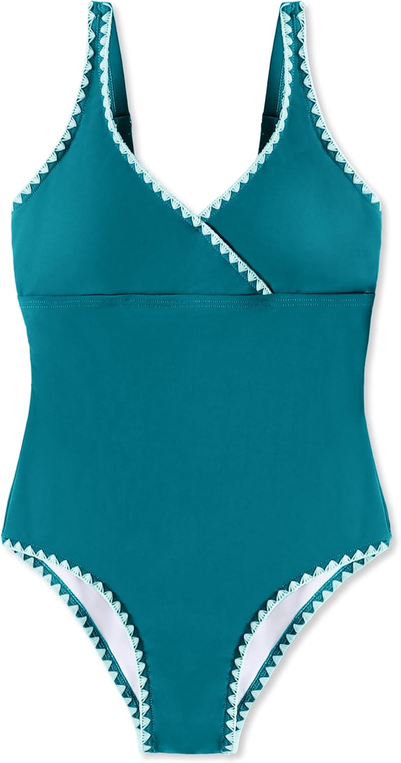GEMLON Girls Swimsuit One Piece Swimwear Padded Adjustable Strap Beach Bathing Suit Color Contrast Swimsuit Teens 7-16Y