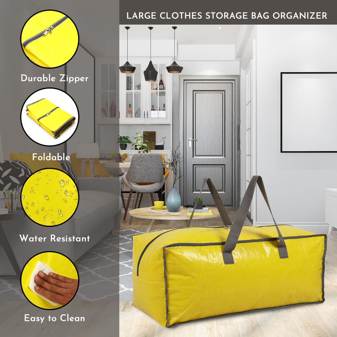 Double R Bags Polypropylene Woven Large Storage Bag with Handle for Clothes, Blankets & Quilts | Transparent, Yellow, 73.6x30.4x30.4cm | 1 Compartment | Foldable Multipurpose Organizer (Pack of 1) 1