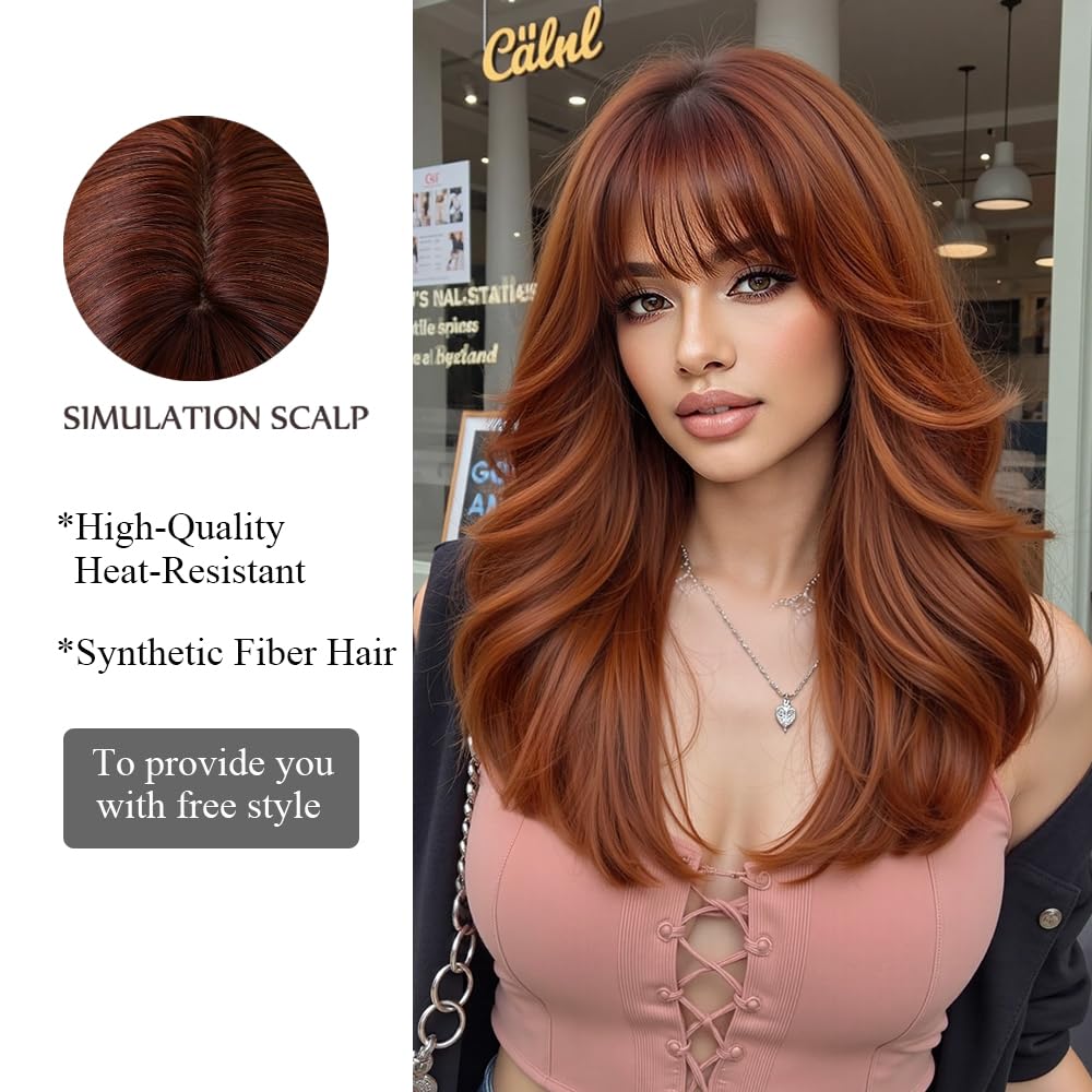 OUFEI Long Wavy Ombre Auburn Wigs for Women with Bangs Natural Synthetic Hair Heat Resistant Wigs for Daily Party Cosplay Wear - Image 3