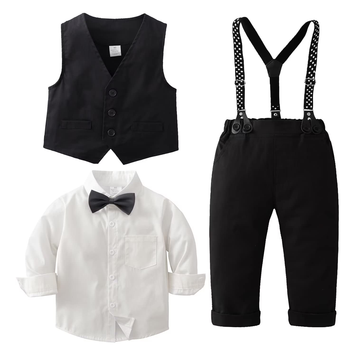 Boys Long Sleeve Dress Shirt with Bowtie + Suspender Pants + Vest Gentleman Outfit for Toddler Black 2-3T