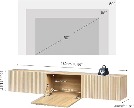 ZYBT Floating TV Stand, Modern Wall Mount Entertainment Center TV Shelf, 70.7 Media Console Under TV Storage Cabinet with Fluted Doors, TV Consoles for Living Room, Floating Cabinet for Wall (Oak)