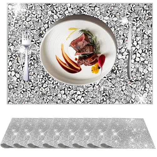 Lot de 8 sets de table argentés résistants à la chaleur avec dessous de plat en strass