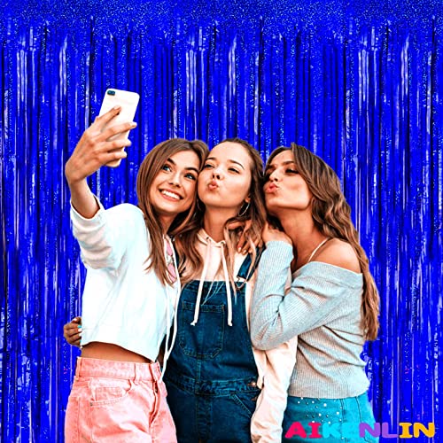 Image of 4 Pack 3.2Ft x 8.2Ft Blue Foil Fringe Curtain Backdrop, Metallic Tinsel Foil Fringe Streamers Curtains Background for Photo Booth, Birthday, Wedding, Disco, Bachelorette, Christmas Party Decoration