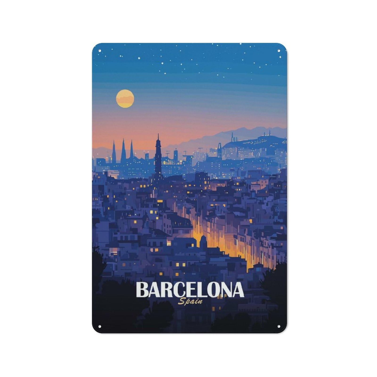 Junmoney Style-11 Tin Sign With Barcelona, Spain At Night Design 30X20cm, Understated Studio Wall Plaque For Hobby Room, Office, Lounge Or Living Room