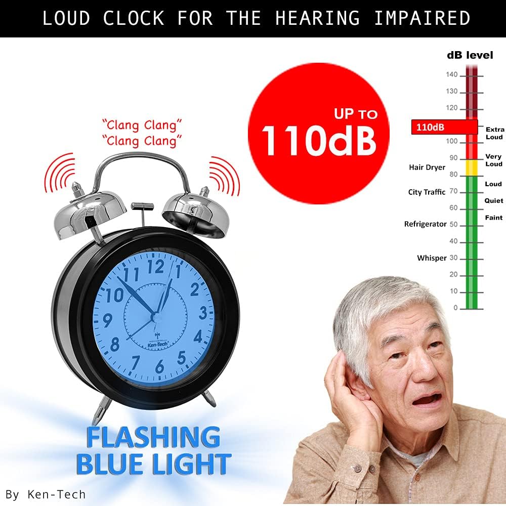 An elderly man listening, with the Sonnet Twin Bell Alarm Clock showing its loud alarm and flashing blue light feature, designed for the hearing impaired.