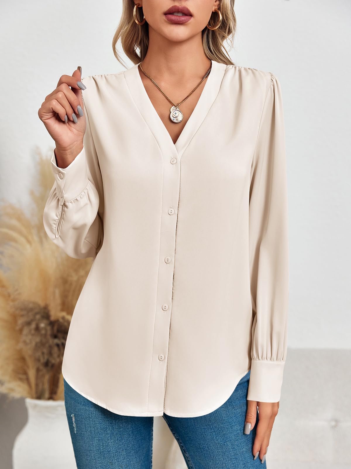 Imily Bela Camicia da donna in mussola, elegante, leggera, a maniche lunghe, tinta unita, casual
