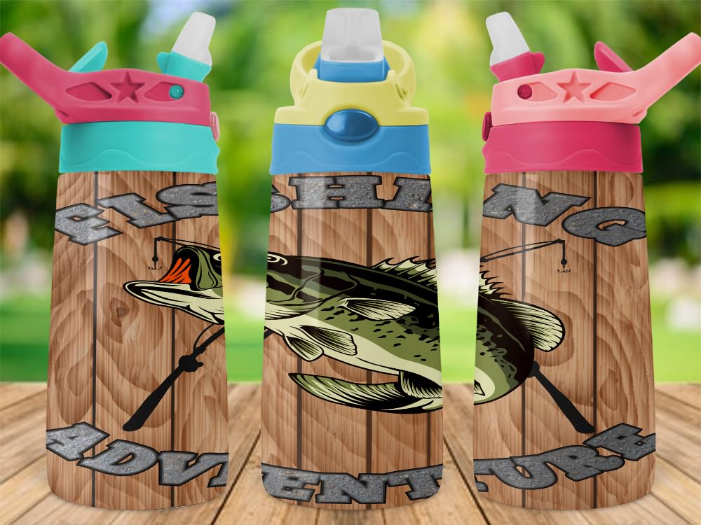 Fishing Adventure #25 12oz Stainless Steel Kids Tumbler, Boys Or Girls, Bass Fish, Rods, Take Fishing, Gift, Great For Keeping Drink Cold or Hot (Green/Blue Lid)