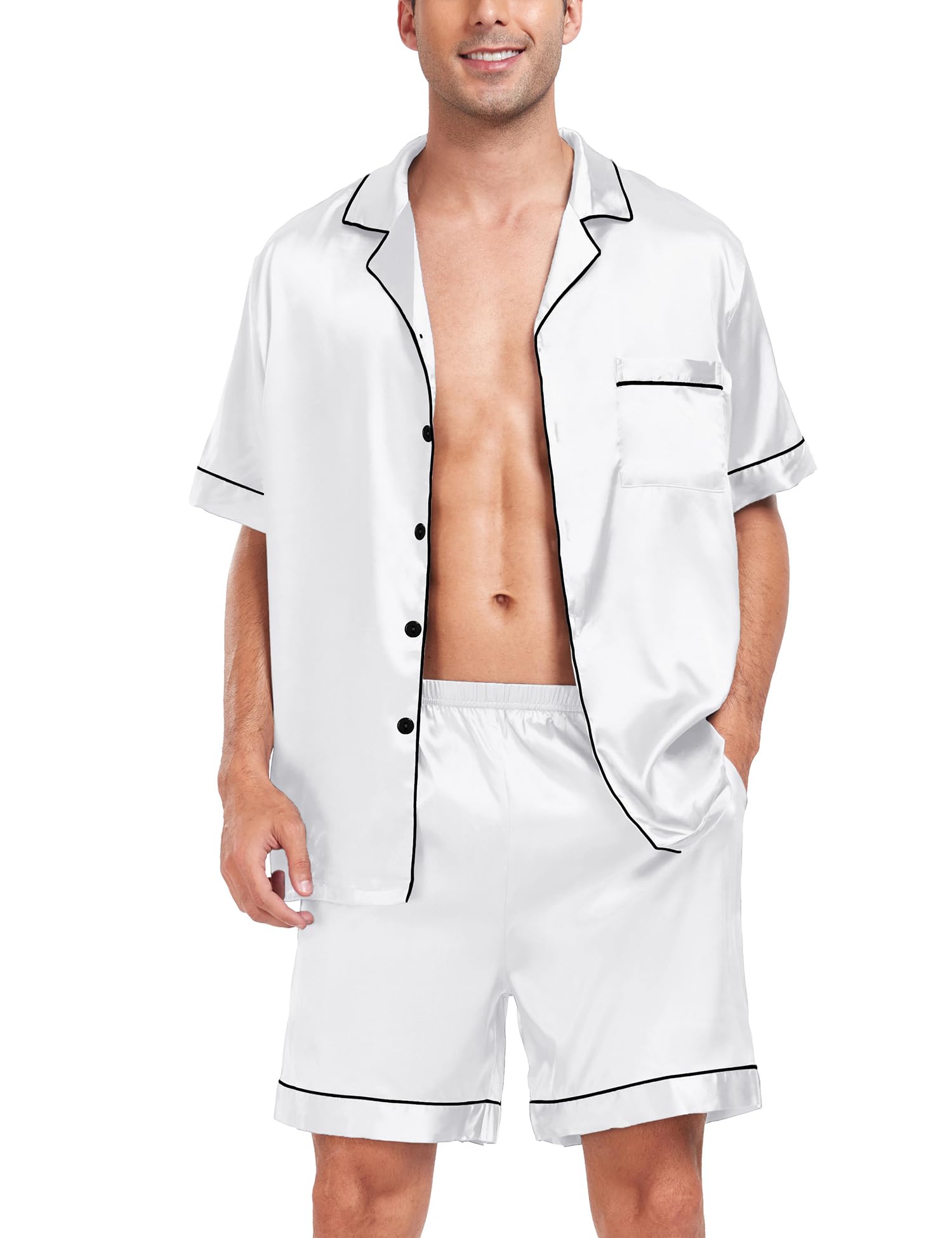 SWOMOG Men Satin Silk Pajamas Sets Short Sleeve Sleepwear Button-Down PJs Sets Two-Pieces Loungewear with Pockets
