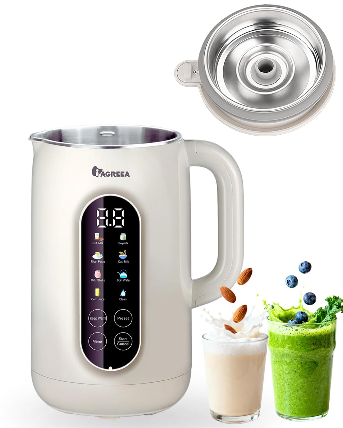 IAGREEA 10-in-1 Nut Milk Maker Machine 304 Stainless Steel Lid BPA Free, 35oz Soy Milk Maker for Homemade Milkshake/Nut/Oat/Plant-Based Drink, 10 Blades Blenders with Delay Start/Boil Water/Self Clean
