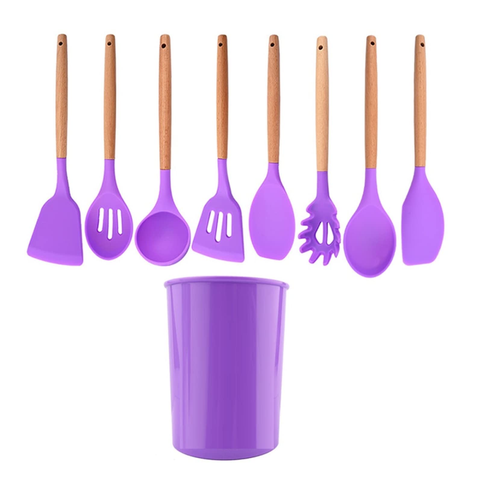 Kochutensilien-Set, Silikon, Küchenutensilien, antihaftbeschichtet, Kochutensilien, Holzgriff, Kochgeschirr, Backutensilien, Set, Violett, 9 Stück