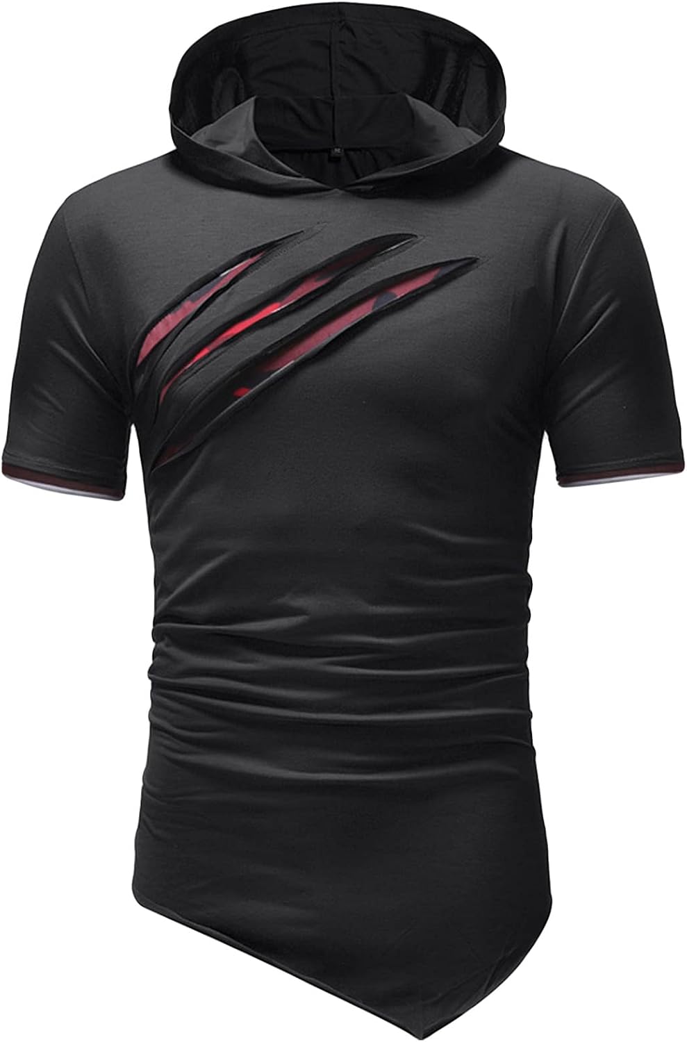 Men Ripped Hoodies Irregular Blouse Sport Short Sleeve Hooded Shirt Pure Color Shirt Tee Top Sports Running Gym