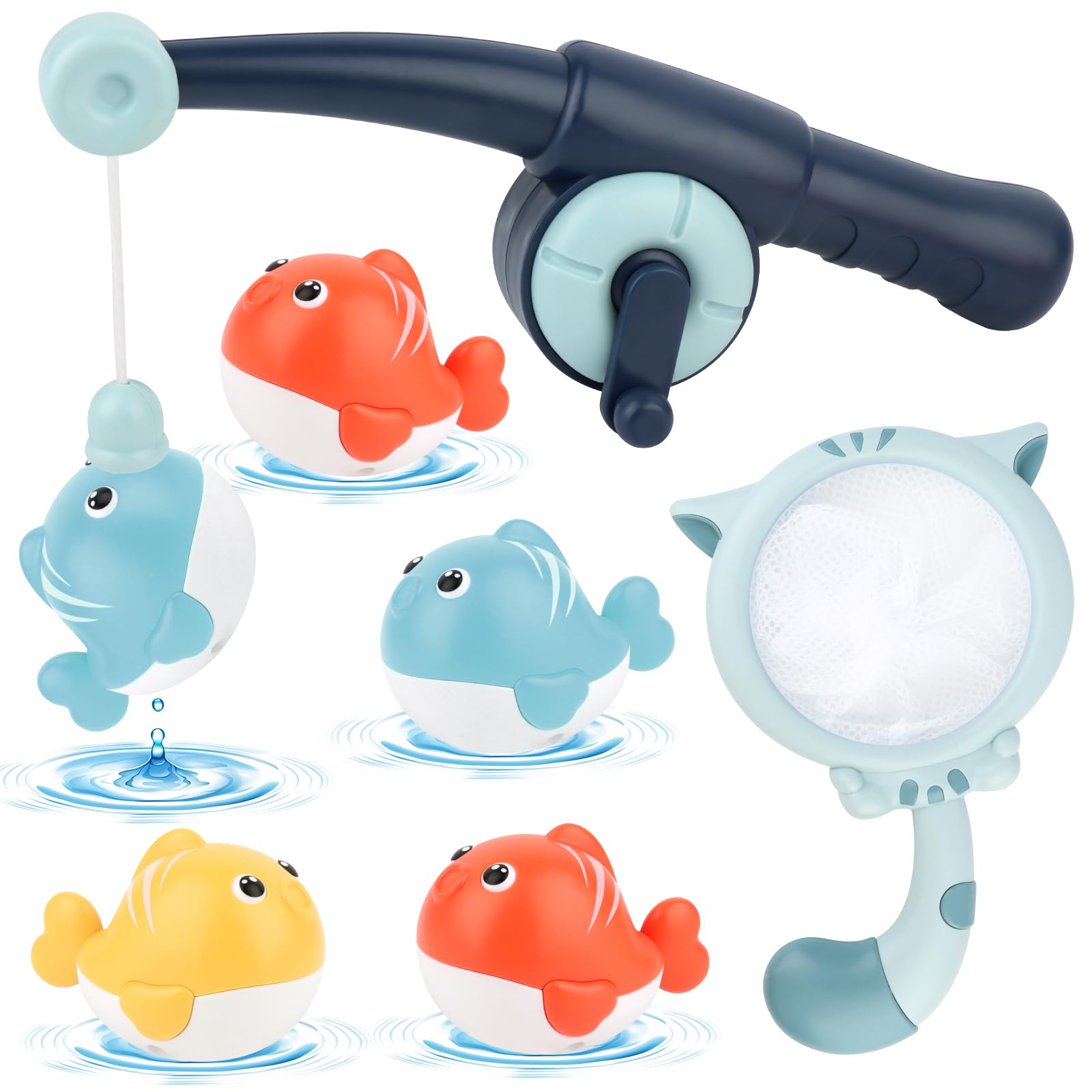 Juguete de baño para bebés a partir de 1, 2 y 3 años, juguete de baño para niños pequeños con 5 piezas de juguete de baño retráctiles, juego de pesca con red de pesca, juguete flotante para bañera de