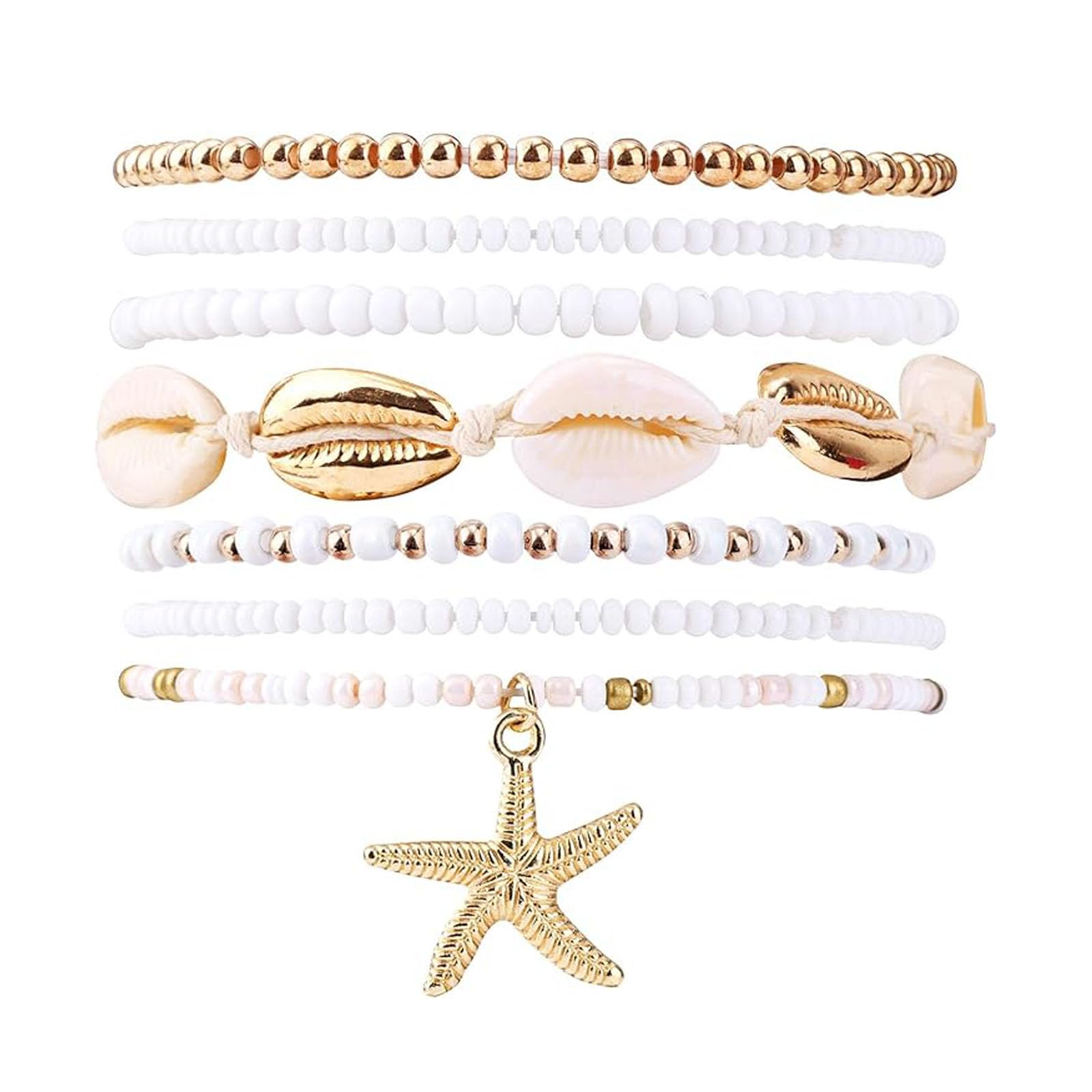 7-Pcs Anklet for Women Stylish, Beaded Bracelet Set with Starfish and Seed Beads, Beach Jewellery for Women, Shell Jewelry Accessories