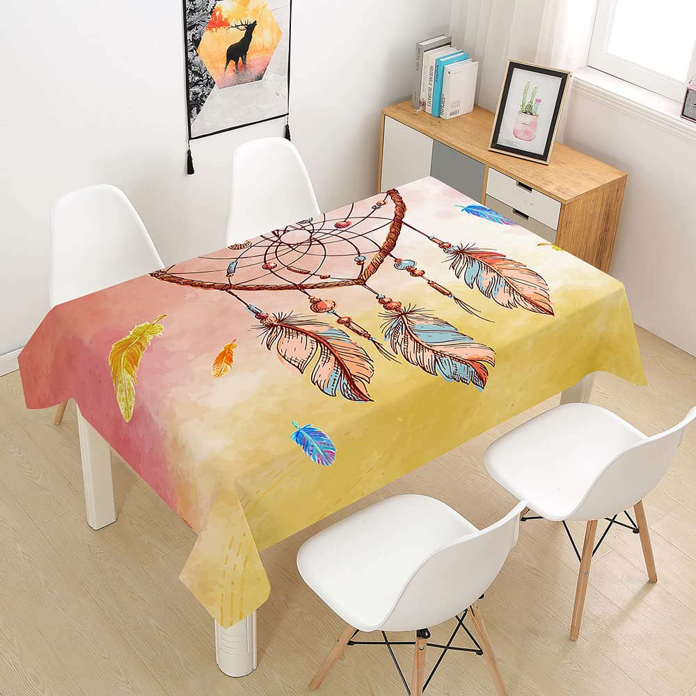 Hearda Yellow Dreamcatcher Tablecloth Wipeable Waterproof Wipe Clean, 3D Rectangle Tablecloths Table Cover For Kitchen Picnic Party Buffet Weddings Birthday Christmas (,140X200cm)