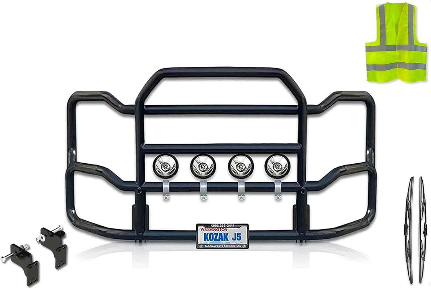Black Front Grille Deer Moose Brush Bumper Guard Large Compatible with Mack CX 2004-2017 PLUS Bracket, 4X 6” LED Lights, Wipers, License Plate Holder and Frame, Vest