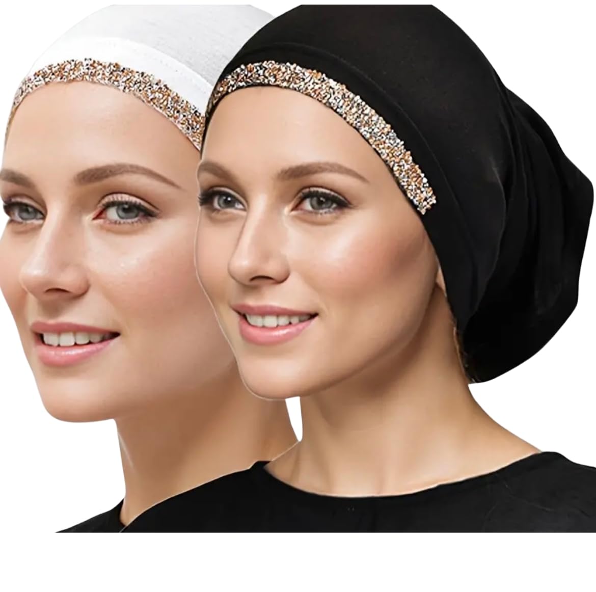 2 pcs Black, White Hijab undercap tube cap with Rhinestone for Women | Soft Cotton Set of Black & White hijab undercap| Hijab caps for Wedding, muslim Girls, Jersey Tubecap, head turban for women