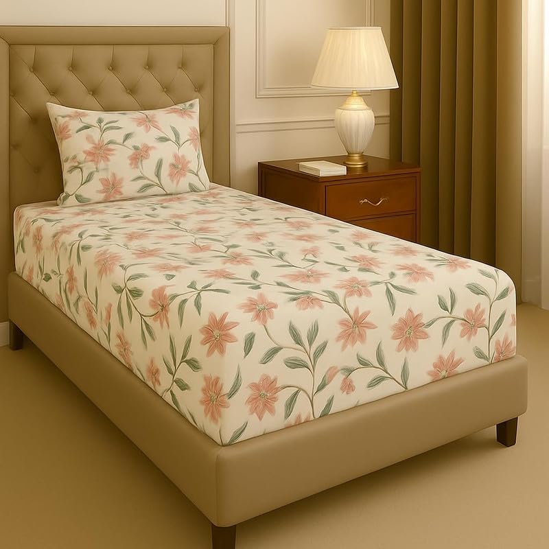 Image of Pure Cotton All Round Elastic Fitted Bedsheets with 1 Pillow Cover | Single Mattress Bed Breathable| Longlasting | Supersoft Size - 36 x 72 + 6 inches (Abstract, Color -Peach Blossom)