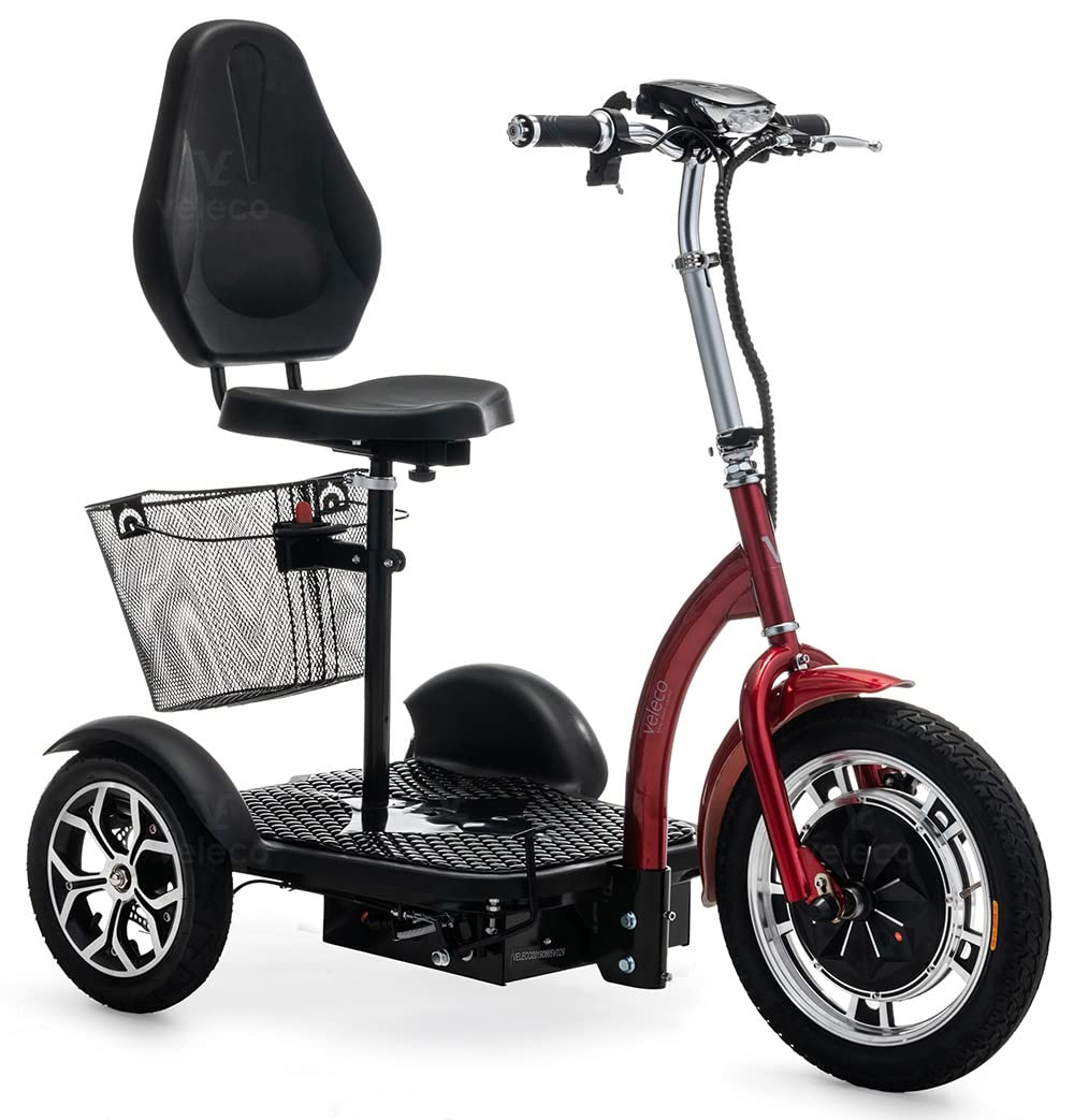 VELECO ZT16 - Scooter de movilidad de 3 ruedas - Totalmente ensamblado y listo para usar - Ruedas grandes - Fácil de maniobrar - Frenos delanteros y traseros - Cesta de la compra extraíble (ROJO)