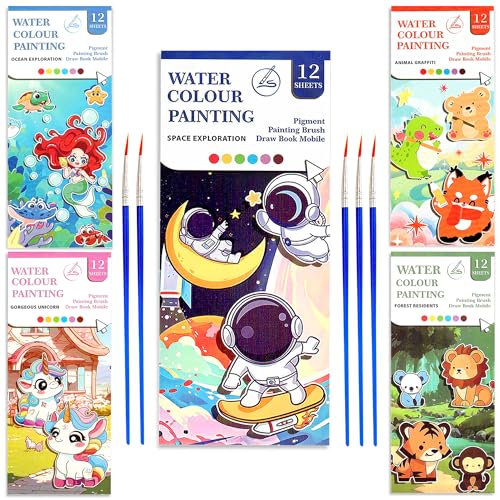 Image of GLUN Watercolour Painting Notepad Pack of 5 for Kids, 12 Different Pages, Water Painting Notepad with Water Colour Patches & Painting Brush, 5 Different Theme Painting Note Pad