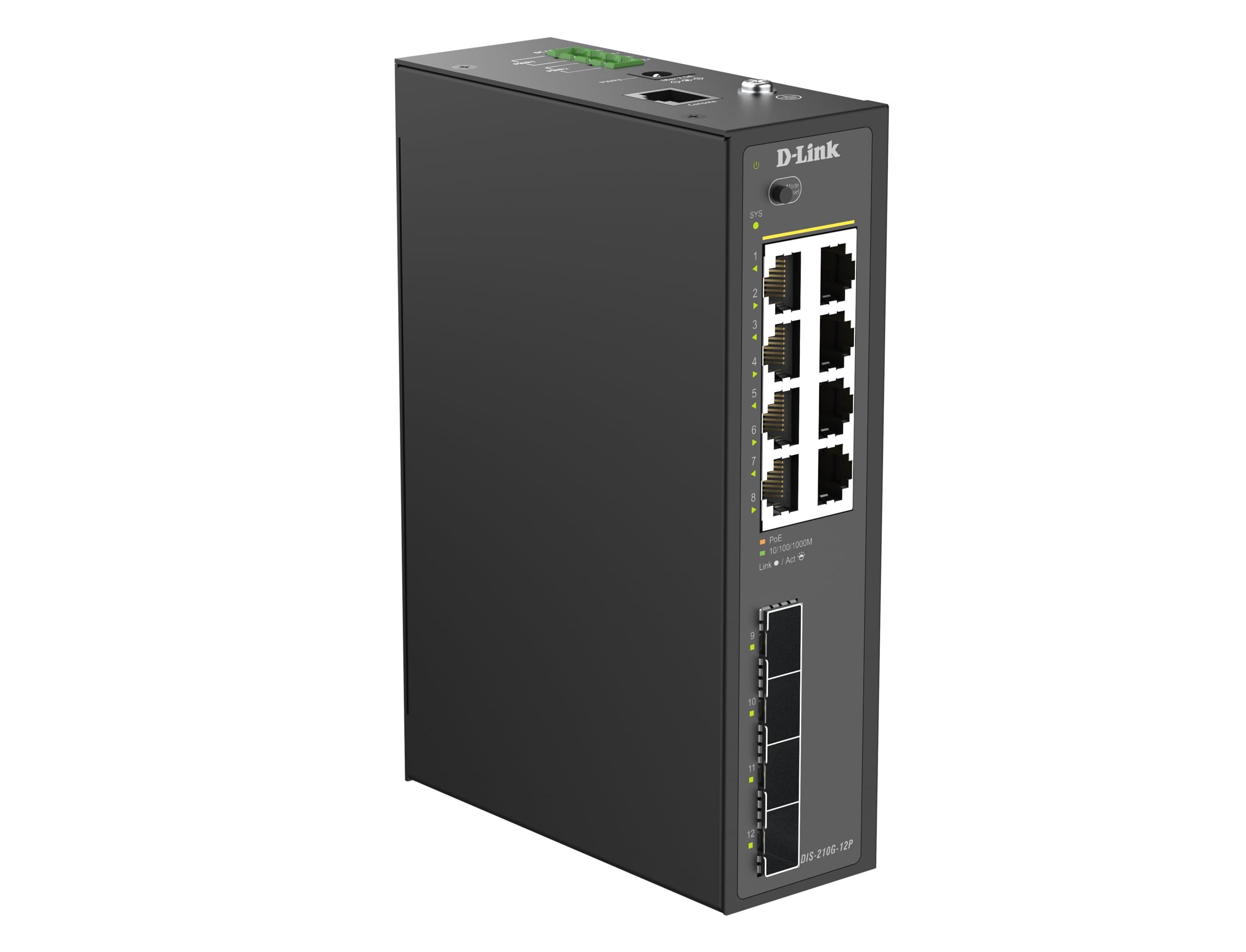 D-Link DIS-210G-12P Switch Industriel Gigabit Smart Managed PoE+, 8 Ports 1G PoE+, 4 SFP, 240W, Montage Rail DIN, IP40, ERPS, Double Alimentation DC, -40 à 75°C