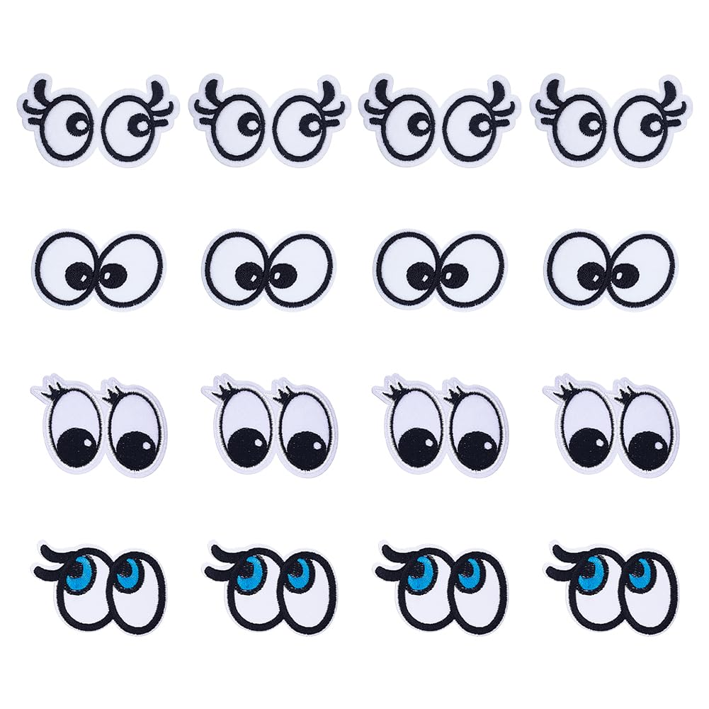 HOBBIESAY 32Pcs 4 Styles Black White Eye Iron On Patches Eye Embroidered Patch Cartoon Round Eyes Appliques Sew Decorative Repair Patch for DIY Backpacks Hats Clothes Jackets Vests Craft