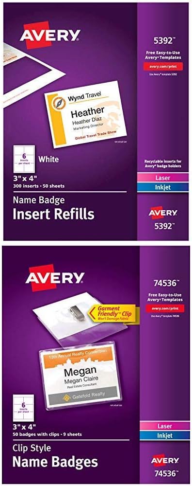 Avery Name Badge Inserts, Print or Write, 3" x 4", 300 Cardstock Refills (5392), White with Avery Clip Name Badges, Print or Write, 3" x 4", 50 Inserts & Badge Holders with Clips (74536), White