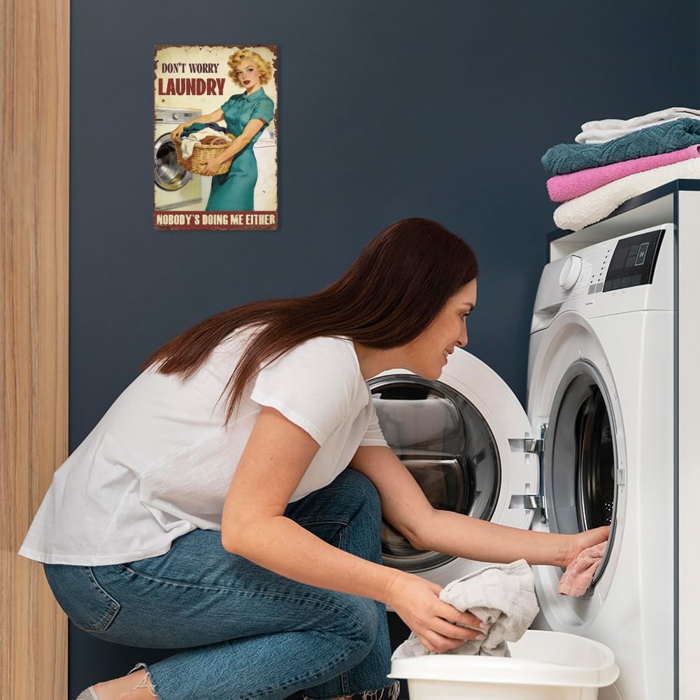 SUPERDANT Laundry Lady Tin Sign Wash Don't Worry Laundry Metal Wall Art Funny Pre-Drilled Iron Plaque for Room Apartment Office Dorm Indoor Outdoor Decor Gift 11.8x7.9in image 5