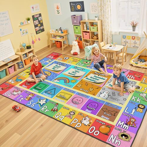 ABC Kids Playroom Rug 3x5 - Soft & Non-Slip Educational Play Mat Preschool Classroom Daycare Rug with ABCs Colors Shapes Seasons Washable Playmat for Toddler Nursery & Kids Room (36x60 Inch)