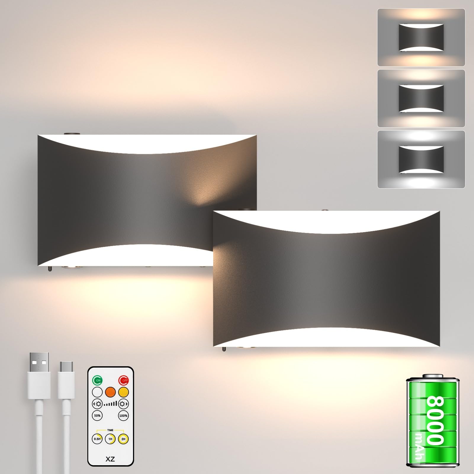 Aipsun 8000mAh Lámpara de Pared sin Cables con Mando, Luz Regulable 3 Colores + Blanco Cáludo, Temporizador, 8W Bajo Consumo, para Dormitorio/Salón, Negro (2 Unidades)