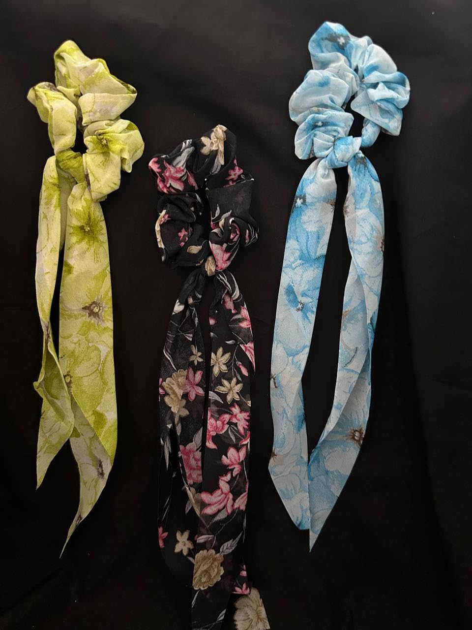 black sparrow Hair Scrunchies with Bow, Floral Hair Scarf with Ribbon Bow for Woman Ponytail Holder Girls, Flower Print Scrunchie Long Hair Bands Ties (Pack of 3) (_BlackMix) (B0CP3LRVDD) Amazon Price History, Amazon Price Tracker