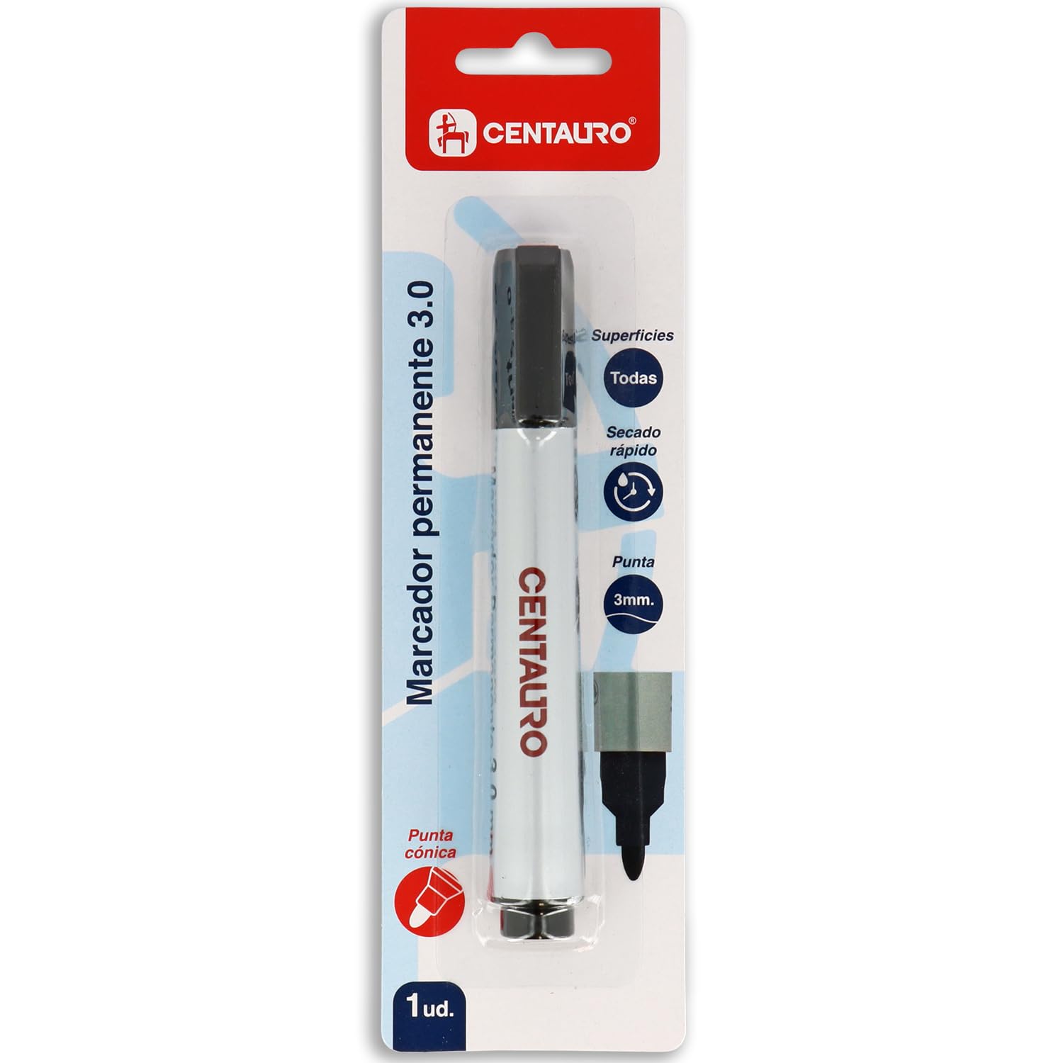 Centauro - Rotulador Permanente Negro, 3mm, Punta Cónica, Secado Rápido, Tinta Base Aceite, Apto Todo Tipo de Superficies, Metal, Cristal, Estaño, Plastico, Film Fotográfico, Madera, Papel y Cartón