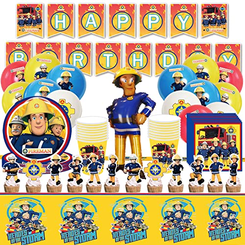 Forhome Vaisselle de Fête Sam Pompier, 83PCS Décoration Anniversaire Sam Pompier, Sam Pompier Ballons, Sam Pompier Vaisselle Anniversaire Enfants avec Assiettes Tasses Serviettes, Bannières Nappe