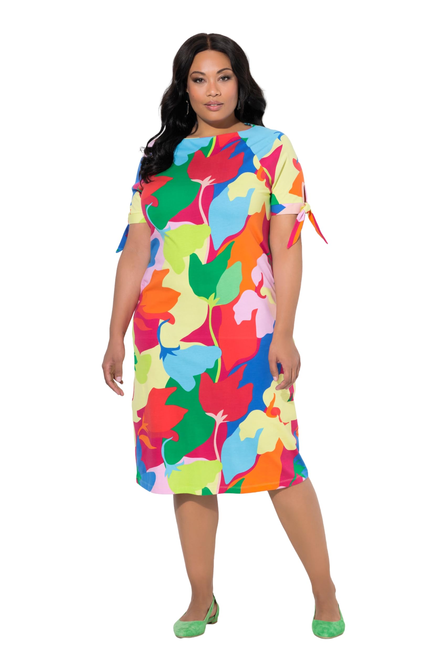 Ulla Popken Damen große Größen Übergrößen Plus Size Midikleid, Blätter, A-Linie, Carmenausschnitt, Halbarm 847737