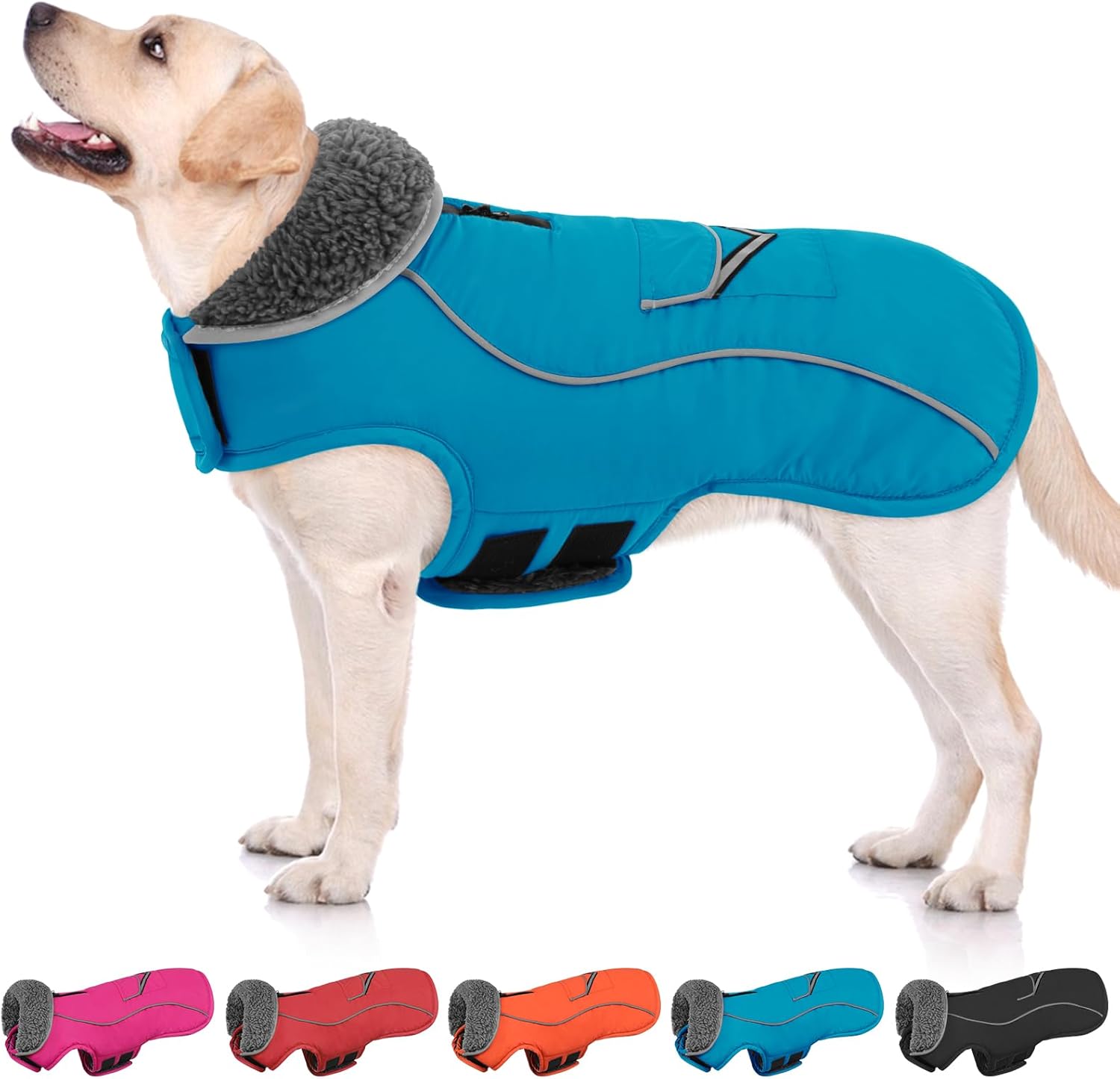 SUNFURA Dog Coat, Large Dog Jacket Reflective Winter Coat for Cold Weather, Windproof Pet Snow Jacket with Pocket, Warm Fleece Sweater Clothes for Large Dogs, Turquoise L