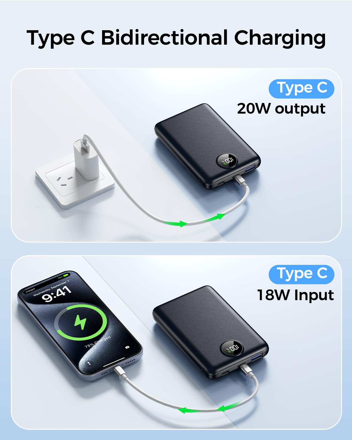 Power Bank Fast Charging 10000mAh, 22.5W Portable Charger(USB-C Input & Output), PD 3.0 QC 3.0 External Mobile Phone Battery with LED Display, Compatible with iPhone 17 16 15 14 13 12 Pro Max and More — view 8