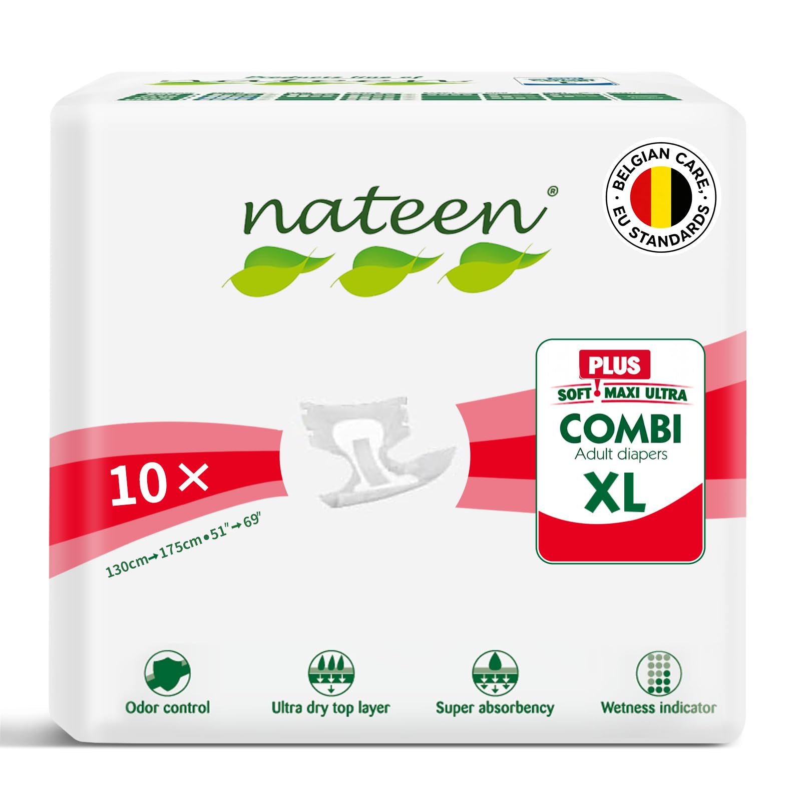 Nateen Combi Plus Incontinence Adult Diaper,X-Large,Waist Size 130-175cm,10 Count Adult Diapers, with Super Absorbent Layer, Leak Guard,Disposable Underwear for Men&Women-3400ml Absorbency.