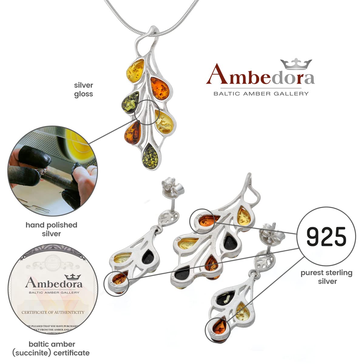 Piccolo set di gioielli da donna Amber 458, ciondolo con collana e orecchini, ambra baltica colorata, argento sterling 925, idea regalo
