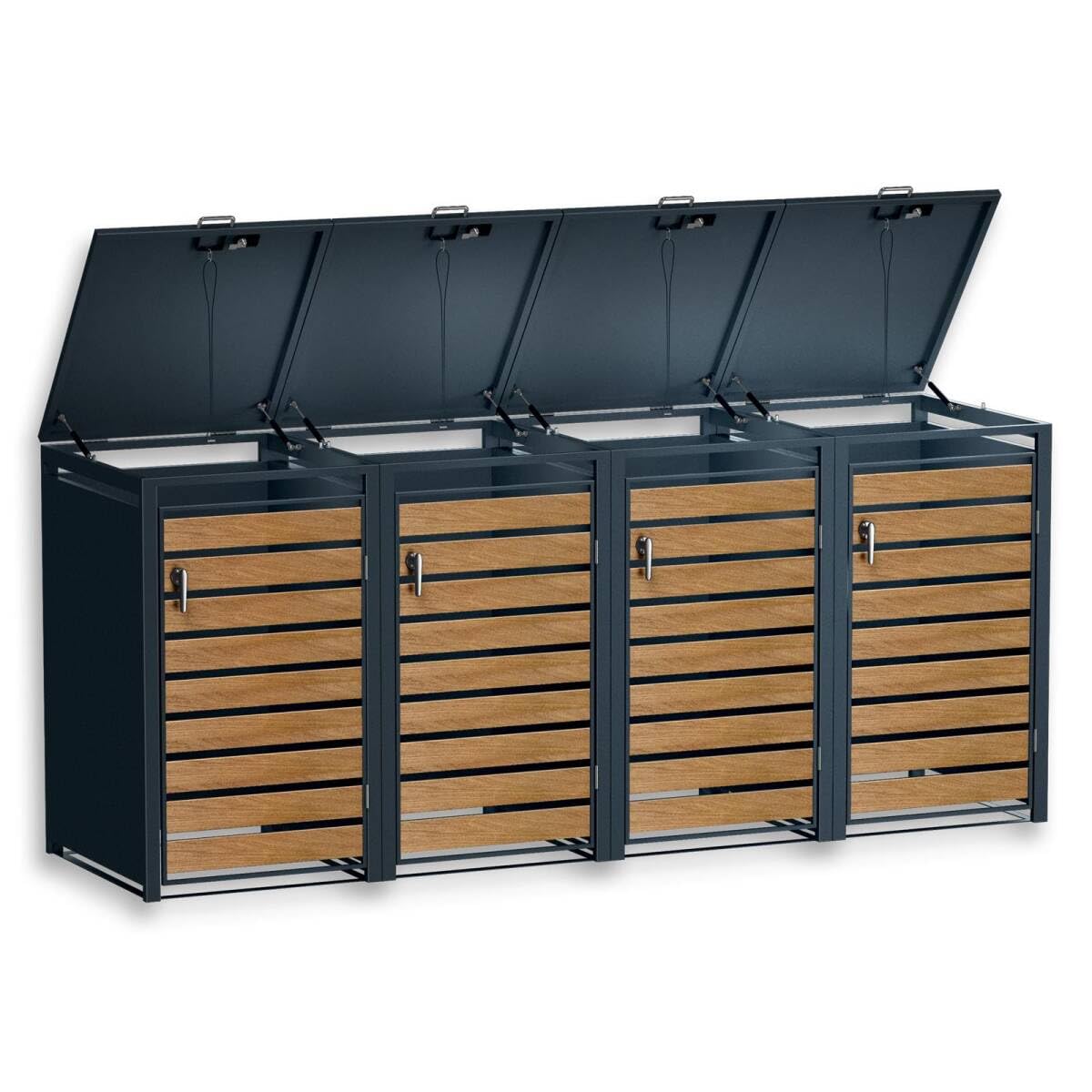 Metzler Mülltonnenbox in Anthrazit & Holzoptik 4er 240L, Mülltonnenverkleidung 4 Tonnen, witterungsbeständiger und pulverbeschichteter Stahl mit Automatikdeckel, Müllbox abschließbar