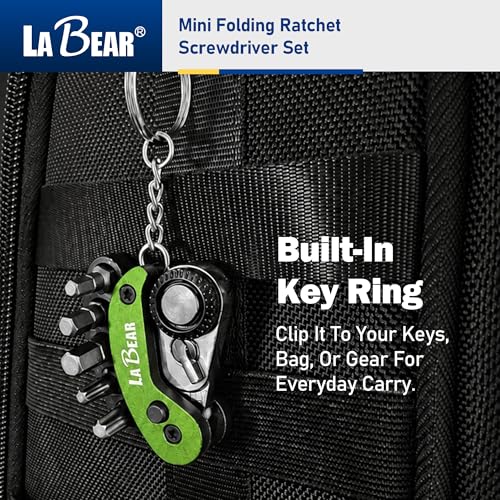 Image of LABEAR Green Mini Folding Ratchet Screwdriver Set with 5 Bits | 72-Tooth reversible pocket ratchet, magnetic 1 /4 inch bit holder, keychain-ready EDC tool