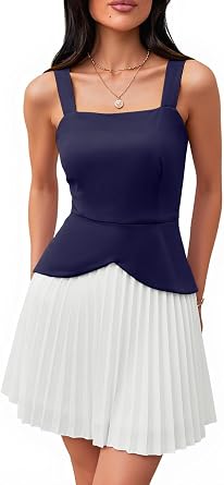 Angashion Womens Square Neck Sleeveless Mini Dress Elegant Pleated A-Line Wedding Guest Cocktail Party Dress