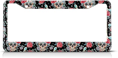 Sugar Skull License Plate Frame Halloween Day of The Dead Car Frames, License Plates Holder， Colorful Floral License Plate Aluminum Metal Frames for Women Men Auto Decoration