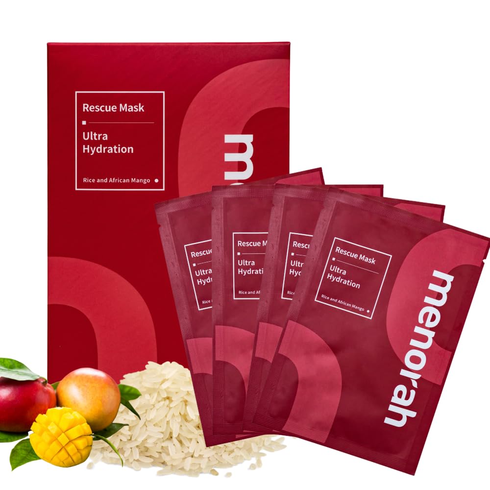 menorah Skincare - Máscara de rescate ultra hidratante (4 hojas) con arroz, mango africano, mascarillas faciales, mascarilla hidratante, súper hidratación e hidratación, 100% algodón orgánico
