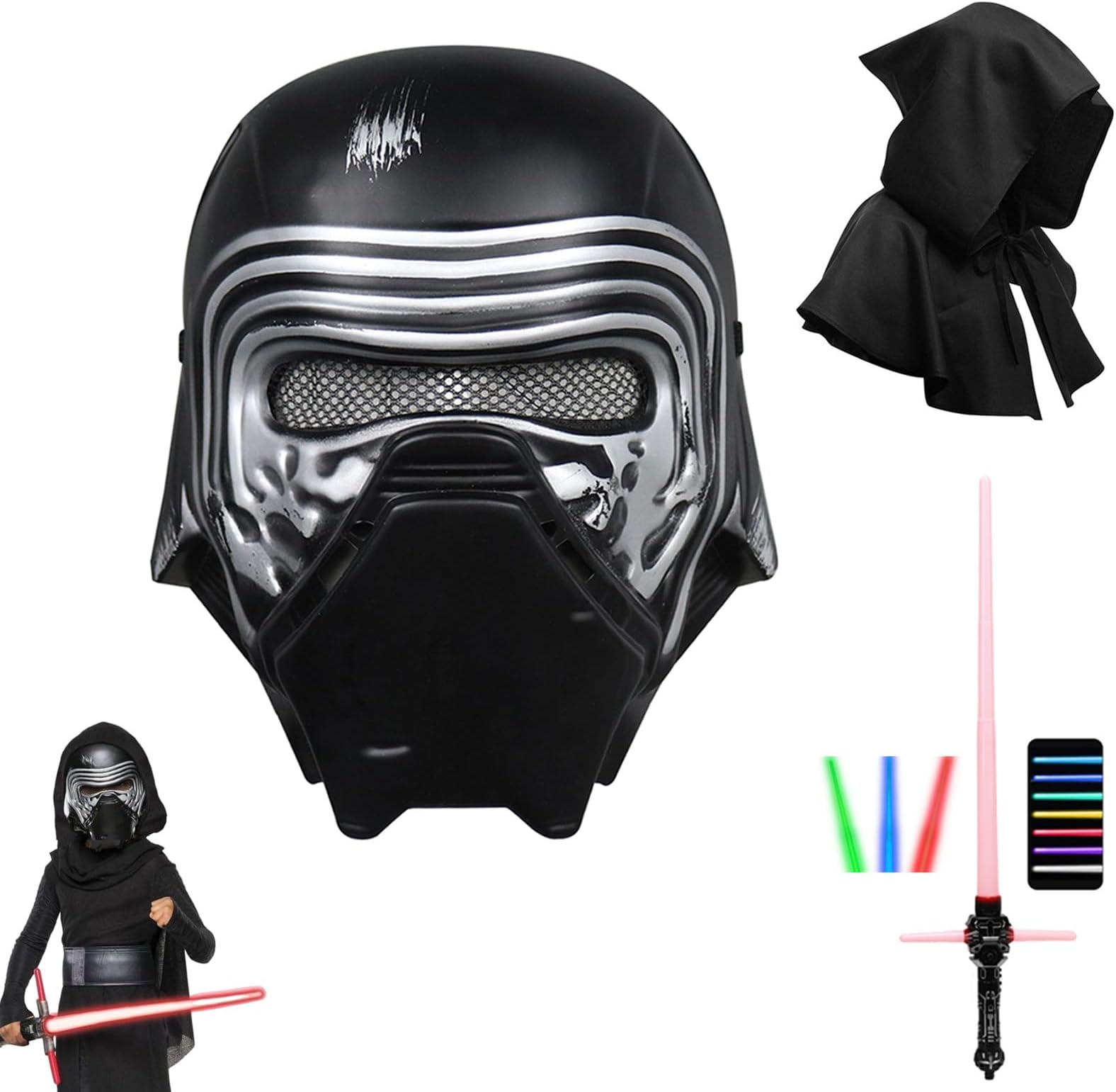Lyxaof Kylo Ren Mask 3PCS Darth Vader Helmet with Colorful Lightsaber Cloak Halloween SW Black Series Helmet Light Up Saber