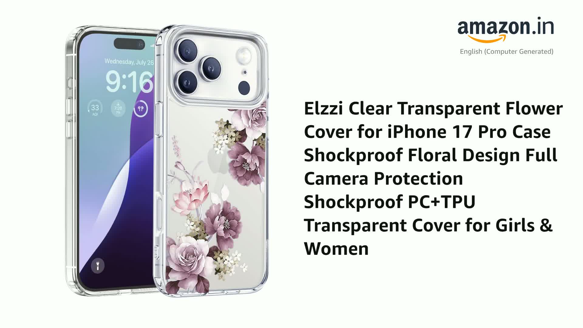 Elzzi Clear Transparent Flower Cover for iPhone 17 Pro Case