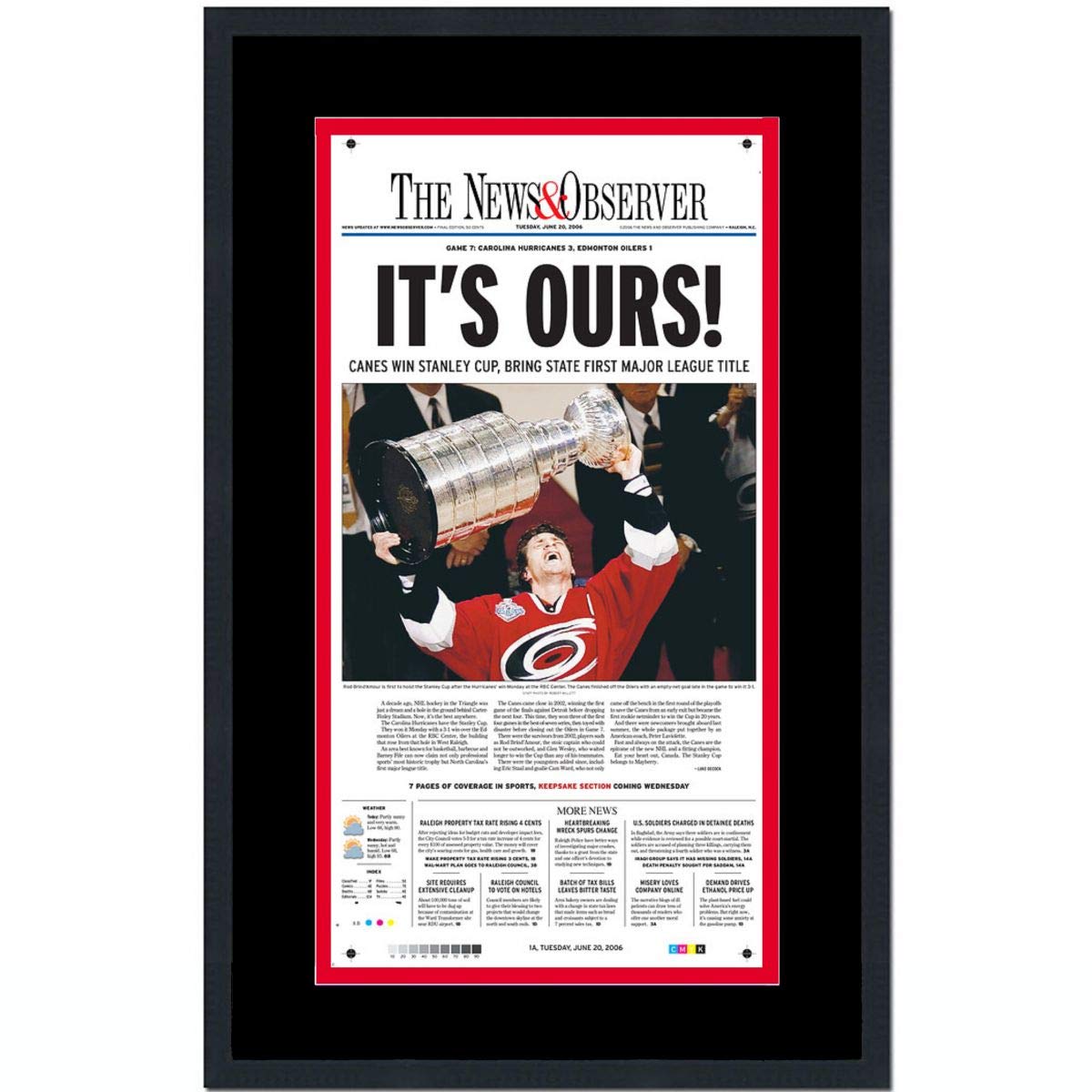 Framed The News & Observer Carolina Hurricanes 2006 Stanley Cup Champions 17x27 Hockey Newspaper Cov