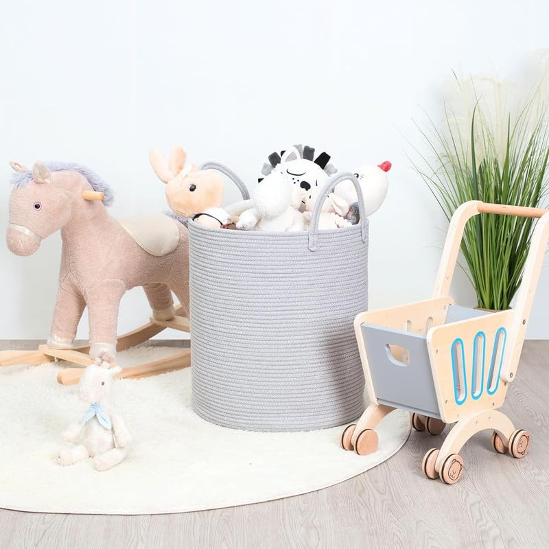 Image of Storage Rope Laundry Hamper Basket for Clothes, Towels and Blankets in Livingroom, Bedroom, Laundry Room and Basket for Nursery Storage (Size - 14 inch x 14 inch x 18 inch) (Grey)