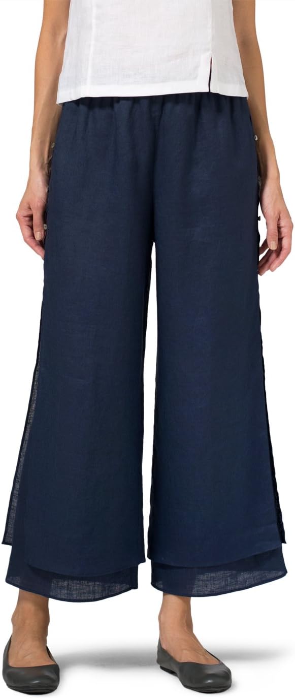 Vivid Linen Double Layer Cropped Pants with Sea Shell Button