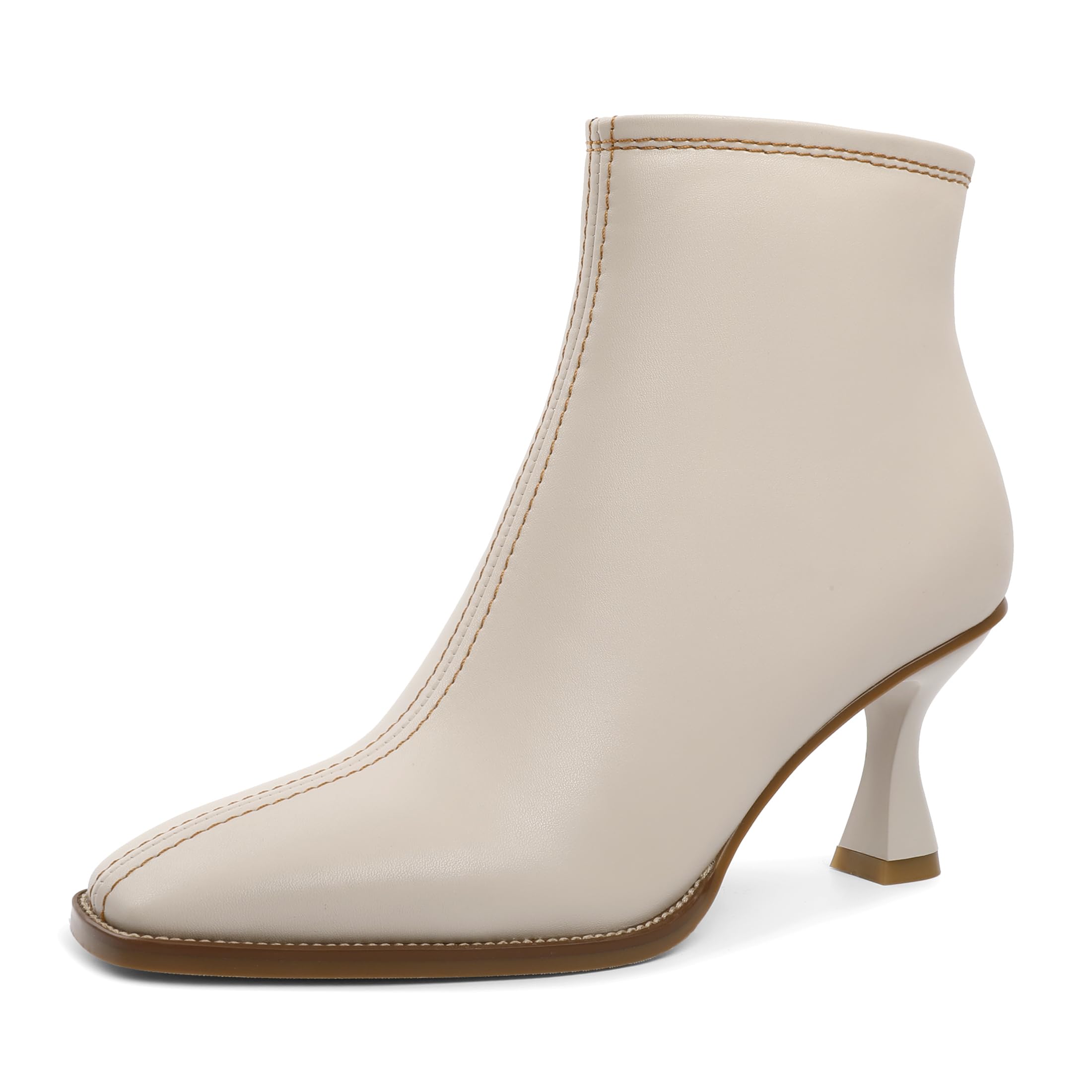 Booties for Women Kitten Mid Heel Square Toe Side Zipper Leather Dress 3 Inches Short Ankle Boot