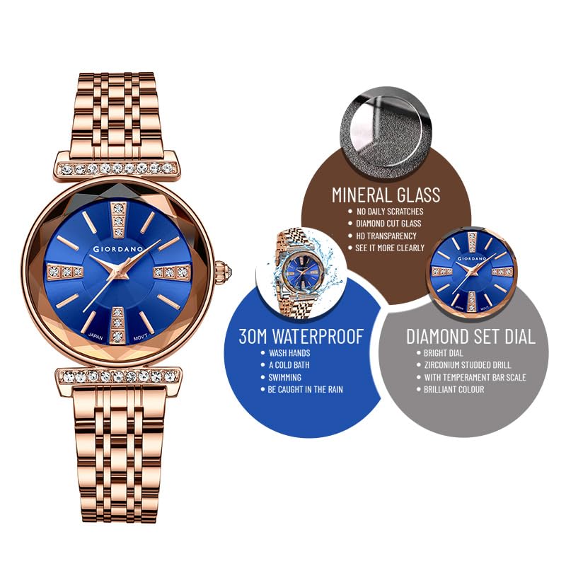 Image of Giordano Stylish Diamond Studded Analog Wrist Watch for Women with Elegant Diamond Cut Glass and Glass Coated Stainless Steel Strap - GZ-60084